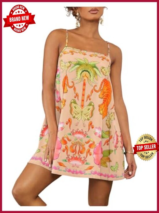 Dresses & Skirts - Tropical Sleeveless Cami A-Line Mini Dress Loose Fit Square Neck Backless